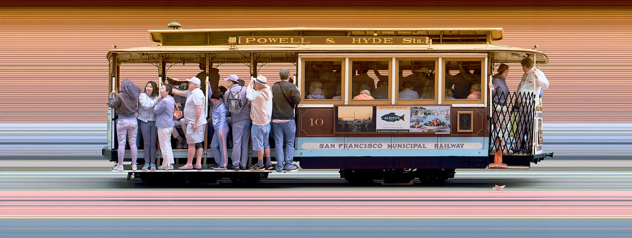 A San Francisco cable car passing through downtown