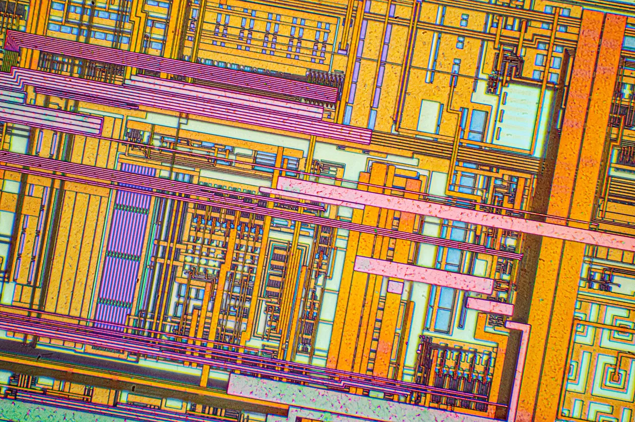 A silicon chip under a microscope